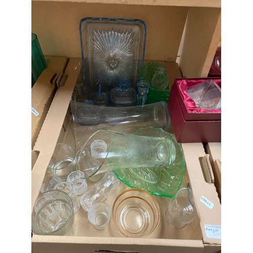 344 - Qty of glassware inc. dressing table set, pressed glass, decanters, cut glass etc.