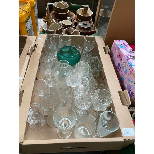 344 - Qty of glassware inc. dressing table set, pressed glass, decanters, cut glass etc.