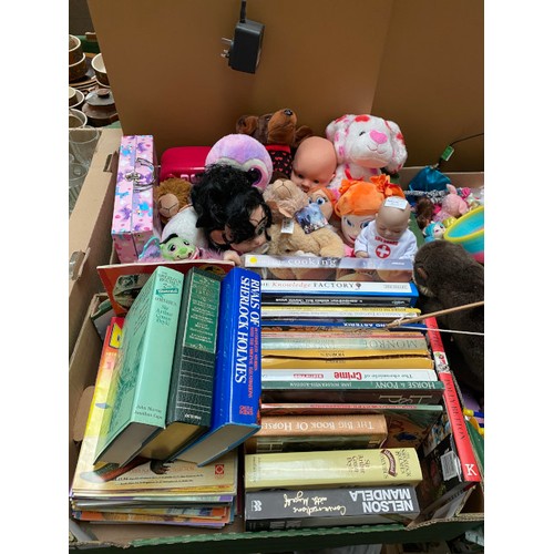 343 - 7 boxes of children's toys, soft toys, books, LOL Surprise! travel case, Slinky etc.