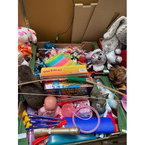 343 - 7 boxes of children's toys, soft toys, books, LOL Surprise! travel case, Slinky etc.