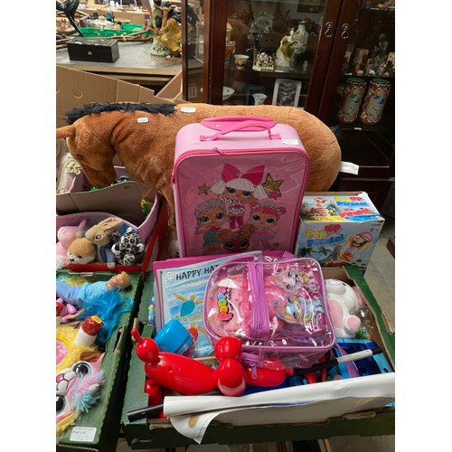 343 - 7 boxes of children's toys, soft toys, books, LOL Surprise! travel case, Slinky etc.