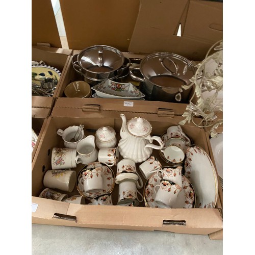 388 - 7 boxes of kitchen wares, part tea sets, cook wares inc. Le Creuset baby pink jug, Salon China tea s... 