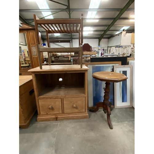 102 - Victorian oak lamp table 70H 45W 45D, pine media cupboard 82H 81W 51D, pair of teak stools 32H 58W 4... 