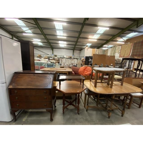 105 - Mahogany bureau with 1 key 106H 85W 47D, oak bed tray 27H 61W 37D, Edwardian oak octagonal table 72H... 