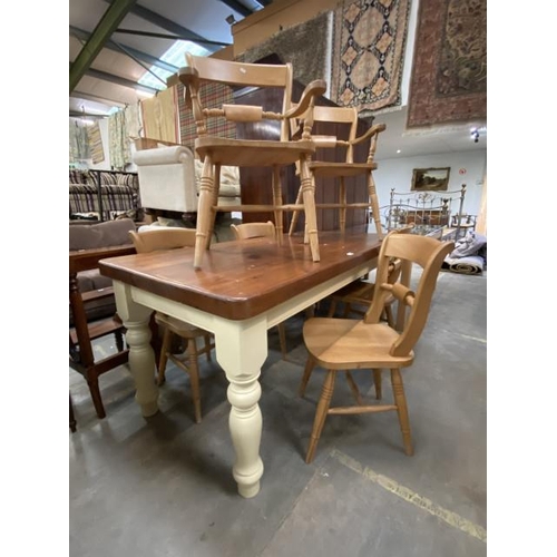 107 - Pine farmhouse kitchen table 80H 179W 87D and 6 chairs including 2 carvers