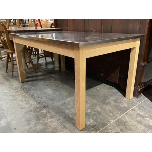 108 - Beech framed table with stainless steel top 76H 152W 92D