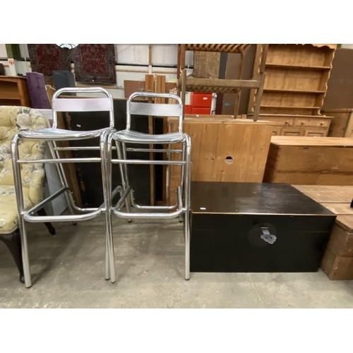 118 - Pair of aluminium bar stools 52W and a contemporary blanket box 39H 77W 46D