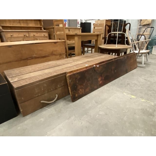 119 - Pine platform 35H 187W 59D and 2 pine table tops 3H 200W 35D