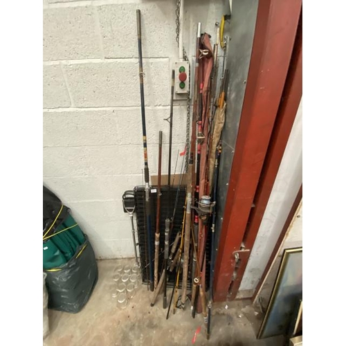 122 - Dog cage, shooting stick, assorted fishing rods including Shakespeare 1350, Essex Beach Master and C... 