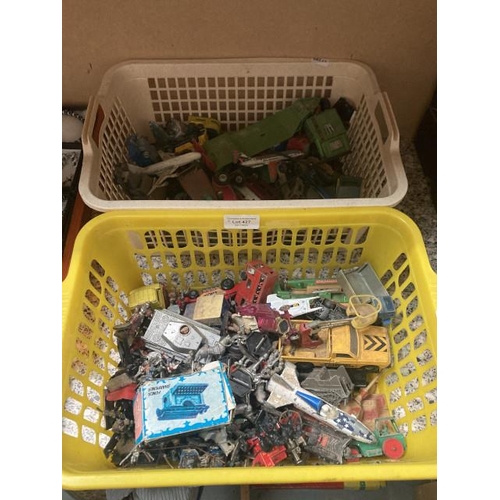 427 - 2 baskets of play worn cars, lead cavalry figures & planes inc. Corgi, Matchbox etc.