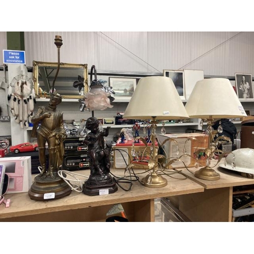 460 - 4 tables lamps inc. spelter & pair with glass droplets