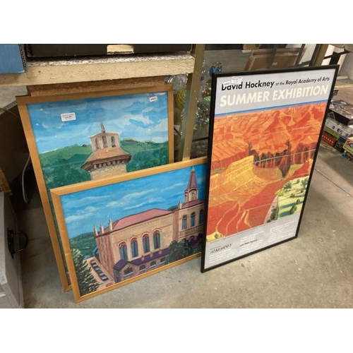 491 - 3 framed David Hockney prints inc. summer exhibition poster 53x78cm, Victoria Hall Saltaire July 200... 