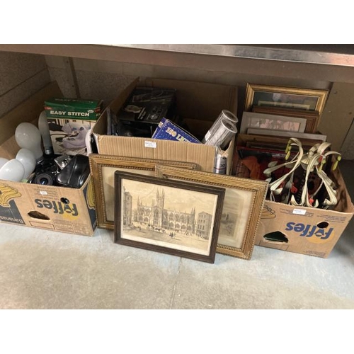 492 - 3 boxes of pictures, Olympus OM101 camera, easy stitch sewing machine, basket, hair clippers, scrabb... 