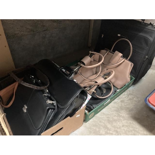 496 - 2 boxes of handbags, briefcase, travel bag, basket containing Laura Ashley cake stand, Whittard of C... 