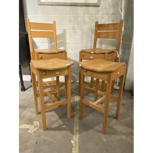 72 - Pair of good quality oak stools 64H and pair of bar stools 108H all with a protruding 