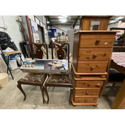 98 - Pair of mahogany side chairs, 2 pine 3 drawer chests 56H 44W 39D and a folding workshop bench