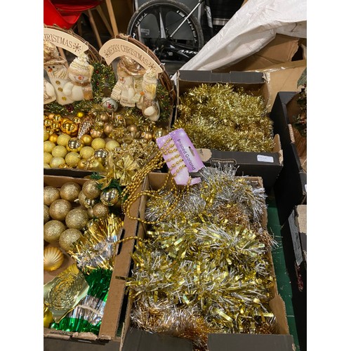 521 - 5 boxes of gold themed Christmas decorations including tinsel, baubles, wreaths etc