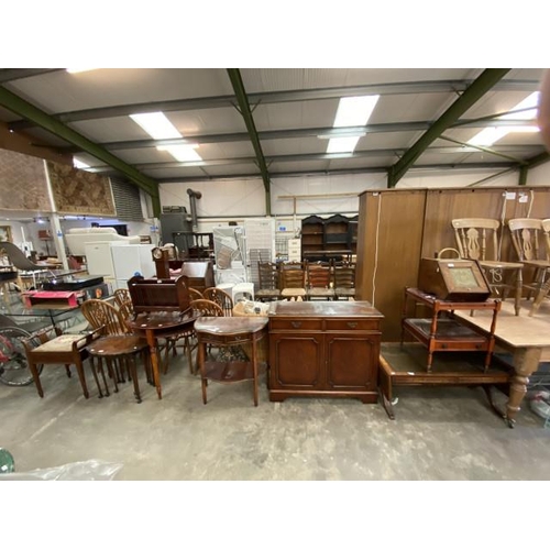 132 - Edwardian mahogany inlaid piano stool 63H 57W 36D, mahogany nest of 3 tables 54H 62W 41D, mahogany D... 