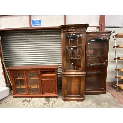 138 - Bradley mahogany glazed display cabinet with 2 keys 189H 74W 23D, mahogany corner cupboard with 2 ke... 