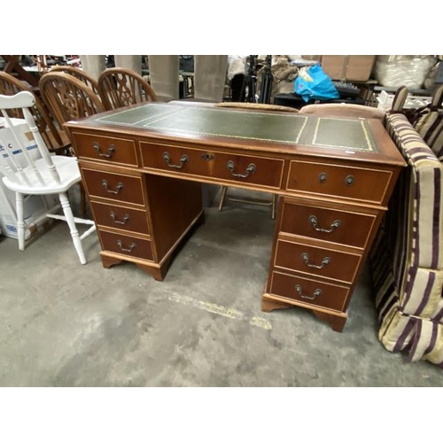 153 - Mahogany pedestal desk with green leather inset (one handle as found) 75H 121D 60W