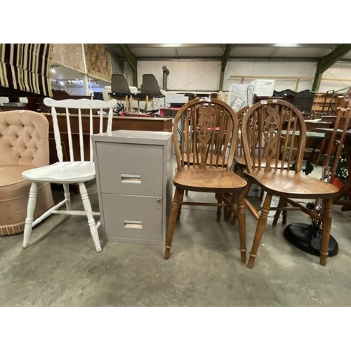 168 - 4 oak wheel back chairs, white painted bedroom chair and a metal 2 drawer filing cabinet 66H 40W 40D... 