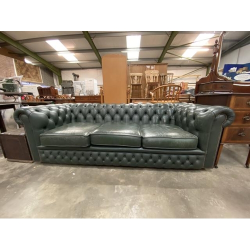 172 - Green leather button back Chesterfield settee 215W