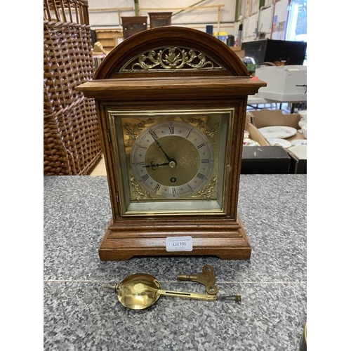 190 - Edwardian oak cased mantle clock with brass and silvered dial with pendulum and key 31cm