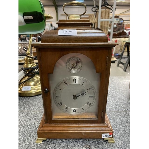 208 - Oak cased bracket clock style mantle clock with silvered dial and subsidiary slow/fast dial with pen... 