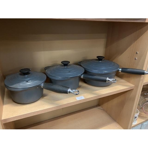 224 - 3 grey Le Creuset saucepans with lids 22cm, 20cm & 17cm diameter