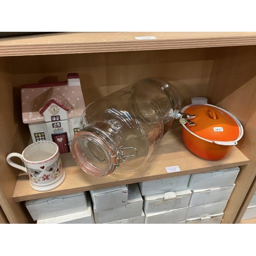 227 - Glass water dispenser, cast French casserole, etc