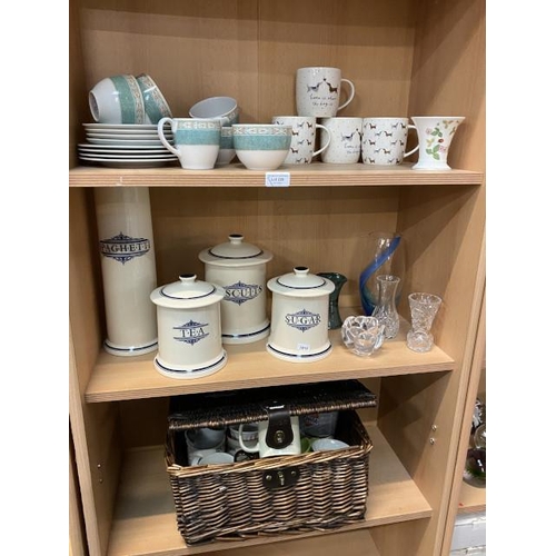 228 - 3 shelves of collectables including Wedgwood Aztec teaware’s, glassware, St Andrew’s Pottery vase, p... 