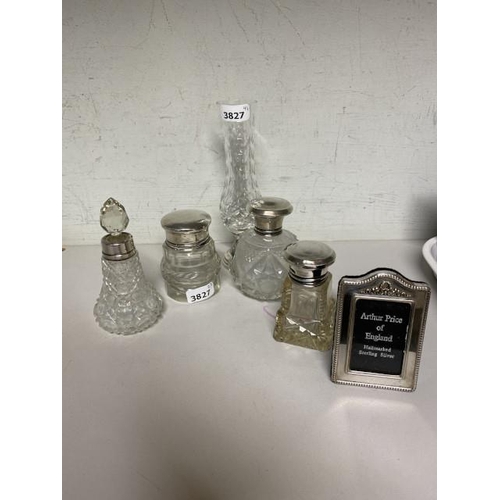 259 - 4 silver topped scent bottles, sterling silver miniature photo frame & silver based cut glass posy v... 