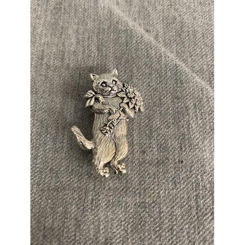 278 - Silver cat with flowers brooch