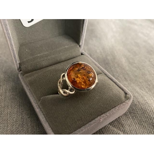 293 - Silver & amber ring (size Q)