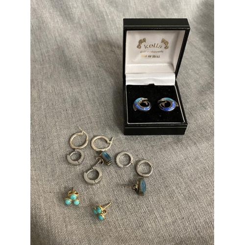 296 - Pair of silver & enamel Isle of Mull earrings, 3 pairs of silver hoop earrings etc