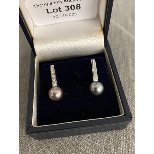 308 - 9ct white gold diamond and black pearl drop earrings