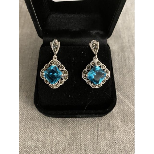 317 - Pair of silver blue topaz & marcasite earrings