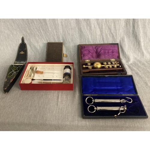 331 - Cased Sikes's Hydrometer, Underwood, Haymarket cased scissors, Britex Universal Microscope Kit, Bras... 