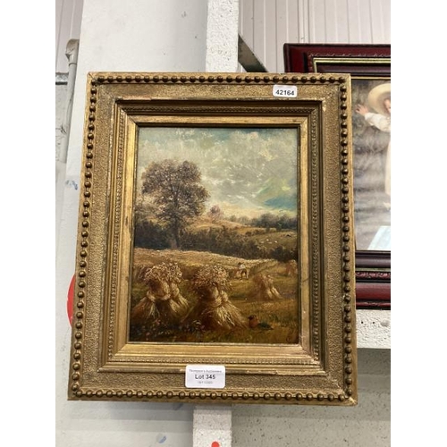 345 - Mid 19th century English School oil on board of a pastoral landscape “Haymaking” C1850, signed C.F. ... 