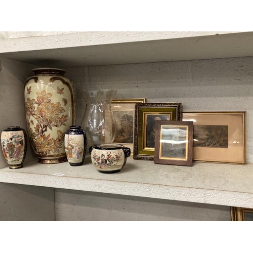 349 - Oriental vases, glass candle holder, framed prints of pastoral scenes, etc