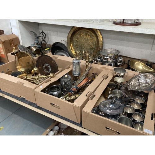 357 - 6 good boxes of metal wares including silver plated goblets, chaffing dishes, pewter tankards, brass... 