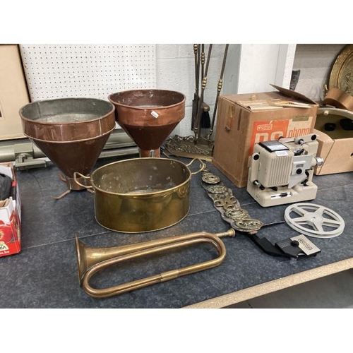 358 - Boxed Eumig P8 phonomatic, horse brasses, large copper funnels, brass trumpet, etc.