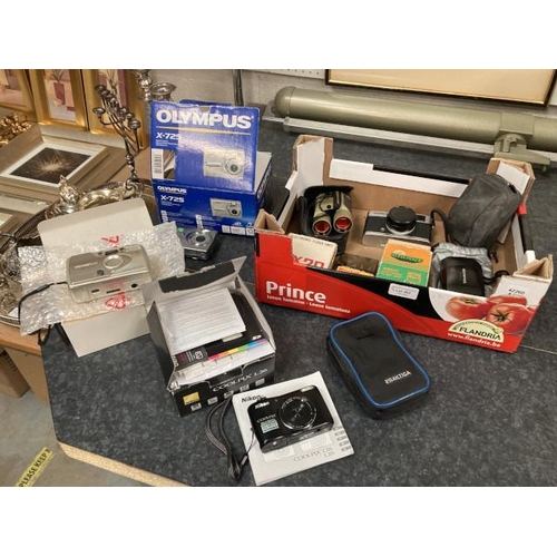 362 - Collection of photographic equipment including, boxed Olympus X-725 camera, boxed Nikon Coolpix L26 ... 