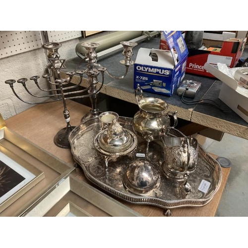 365 - Silver plated galleried tray with sugar server, butter dish, plated candelabra and a silver plated 