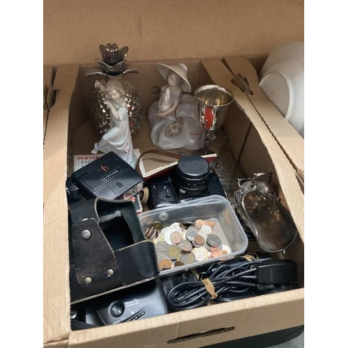 385 - 2 Lladro figurines, box of coins including foreign, Zenith camera, plated sugar basin, etc