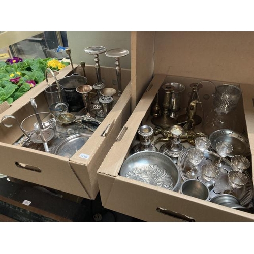 386 - 2 boxes of plated ware including egg cups, candle holders, wine jug, posey vases etc.