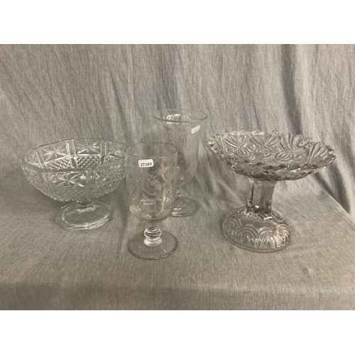 395 - 2 pieces of etched glass celery vases & 2 cut glass fruit bowls