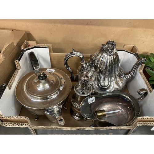 404 - Silver plated tea pot, sugar sifter, cream jug, Shaw & Fisher plated coffee pot, etc