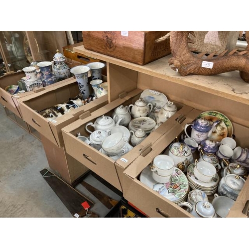 405 - 4 boxes of collectables including Japanese tea sets, pair of Burleighware vases, Bayle vase etc