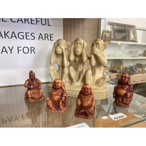 406 - 3 wise monkeys (resin), 1 Conficius figurine and 3 buddah figurines.